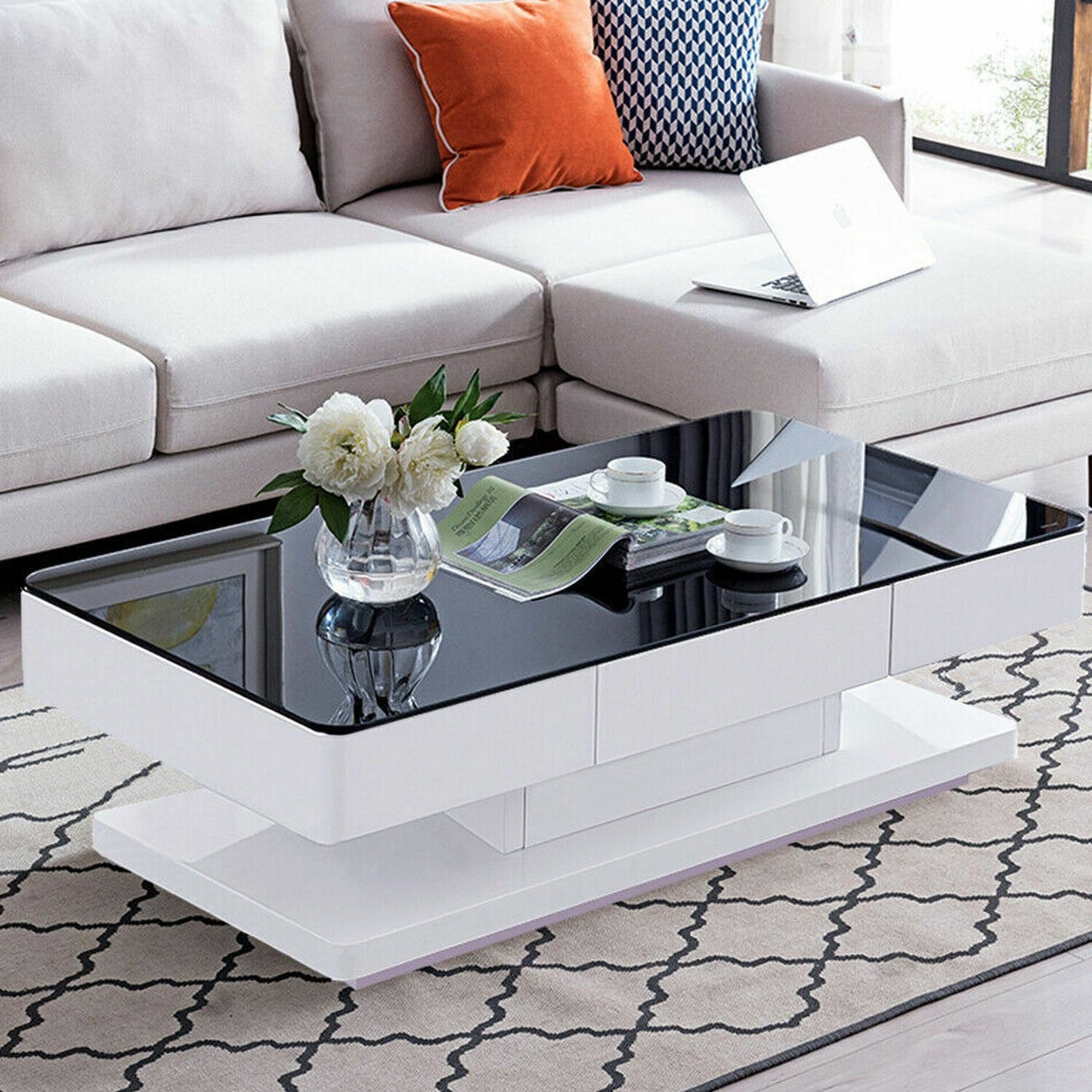 White High Gloss Coffee Table with Led Lights Glass Top