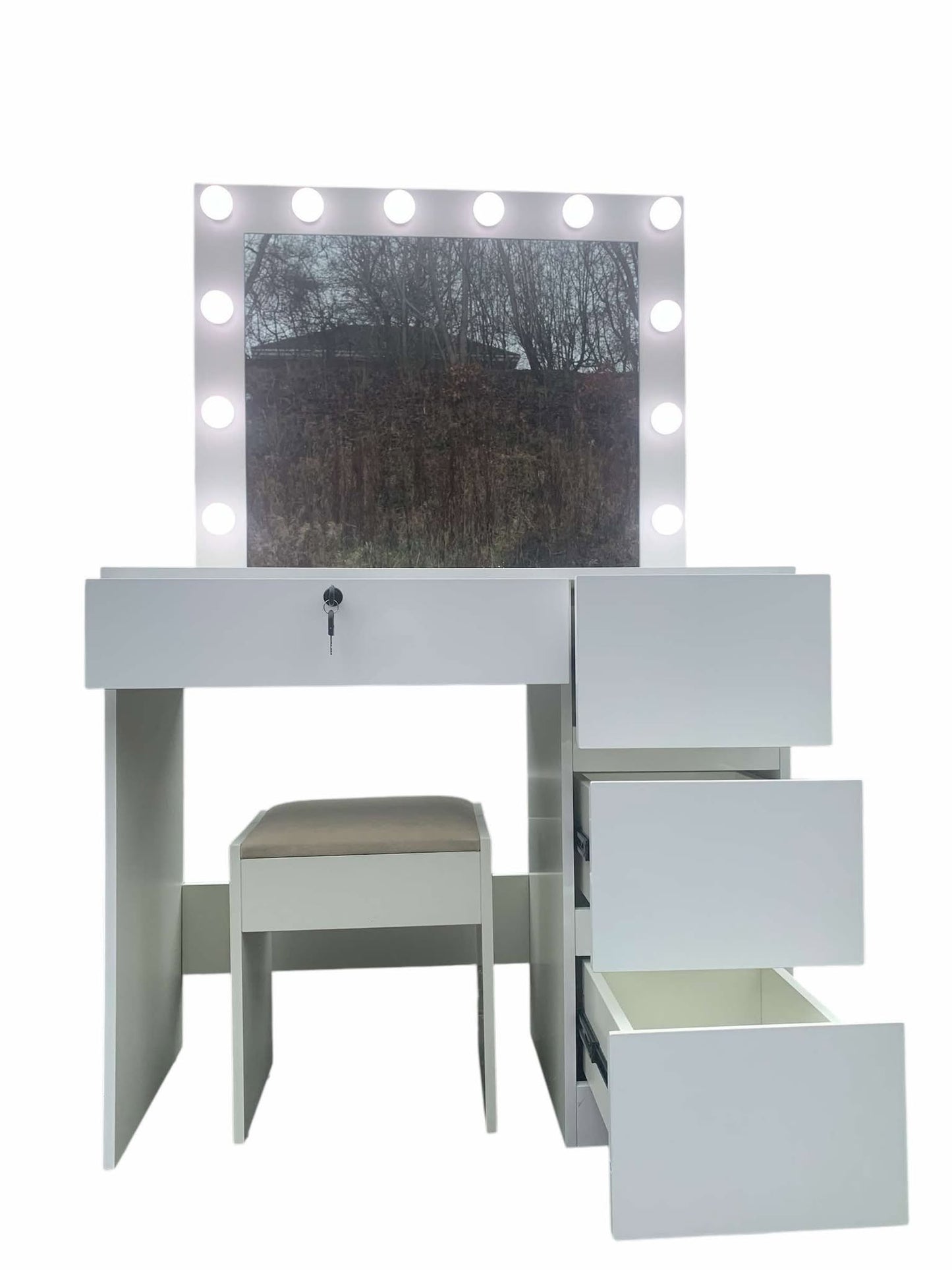 High Gloss White Dressing Table with Stools and Led Light Bulbs
