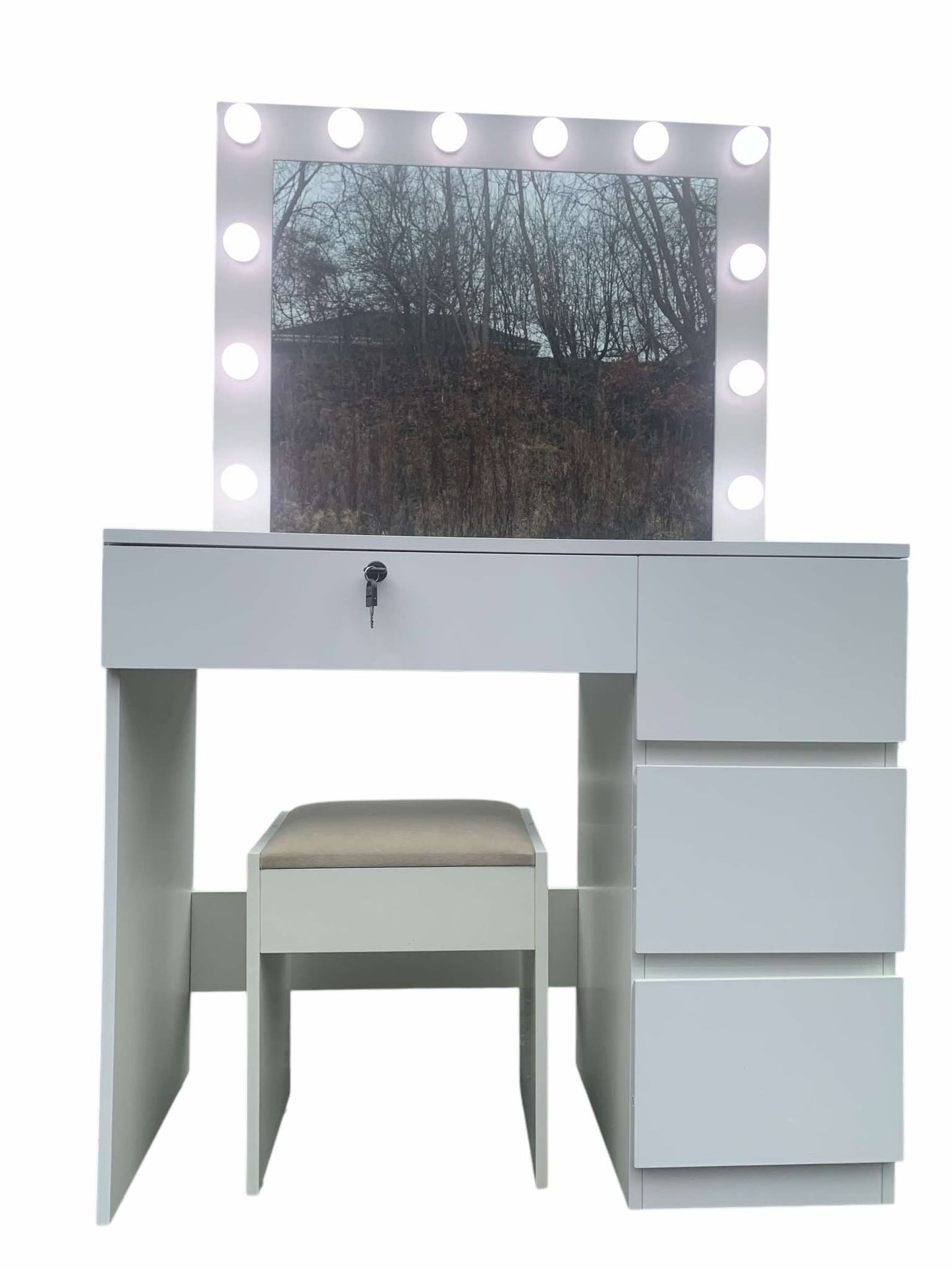 High Gloss White Dressing Table with Stools and Led Light Bulbs