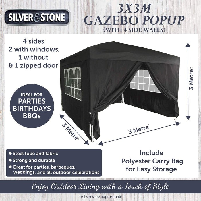 Pop Up Garden Gazebo 3x3m - Black