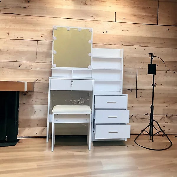 White Gloss Dressing Table With LED light Bulbs and Stool