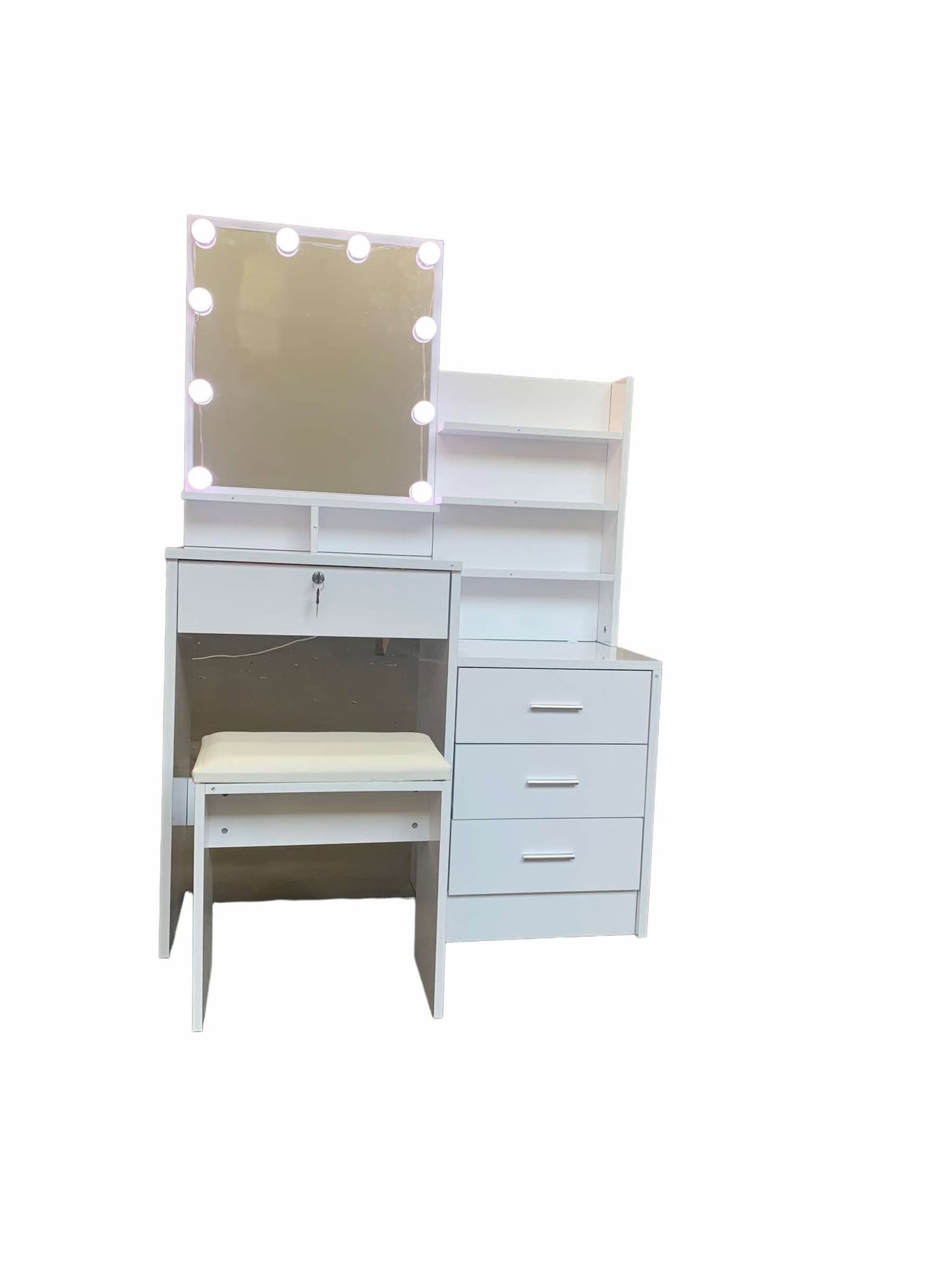 White Gloss Dressing Table With LED light Bulbs and Stool