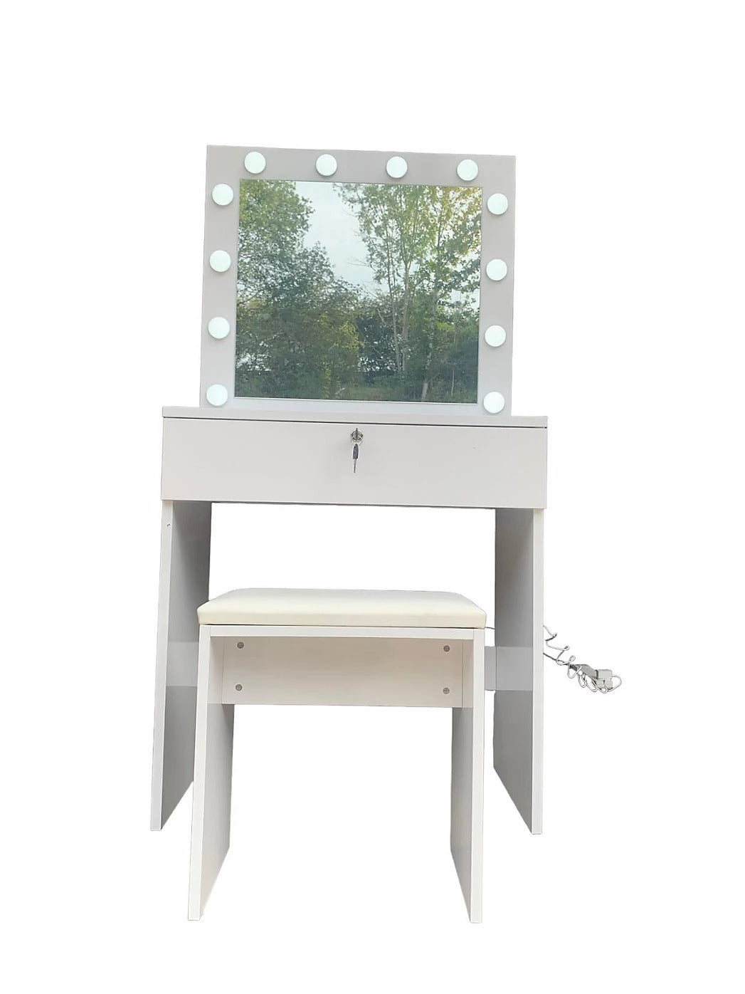 Light Grey Gloss Dressing Table With LED light Bulbs and Stool