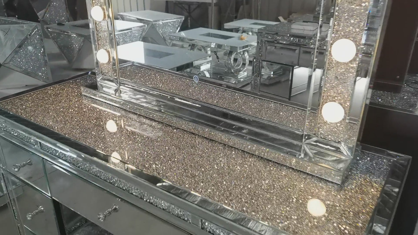 Diamond Crush Mirrored Dressing Table with Stools and Mirror and Led light Bulbs