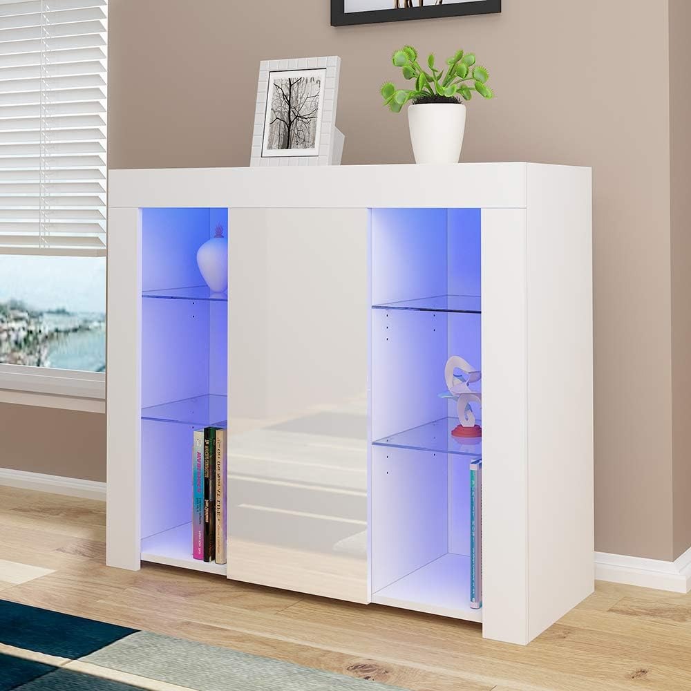White High Gloss Sideboard With Glass Shelves and LED Lights
