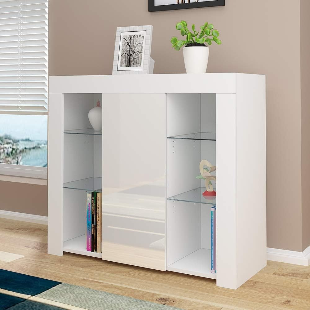 White High Gloss Sideboard With Glass Shelves and LED Lights