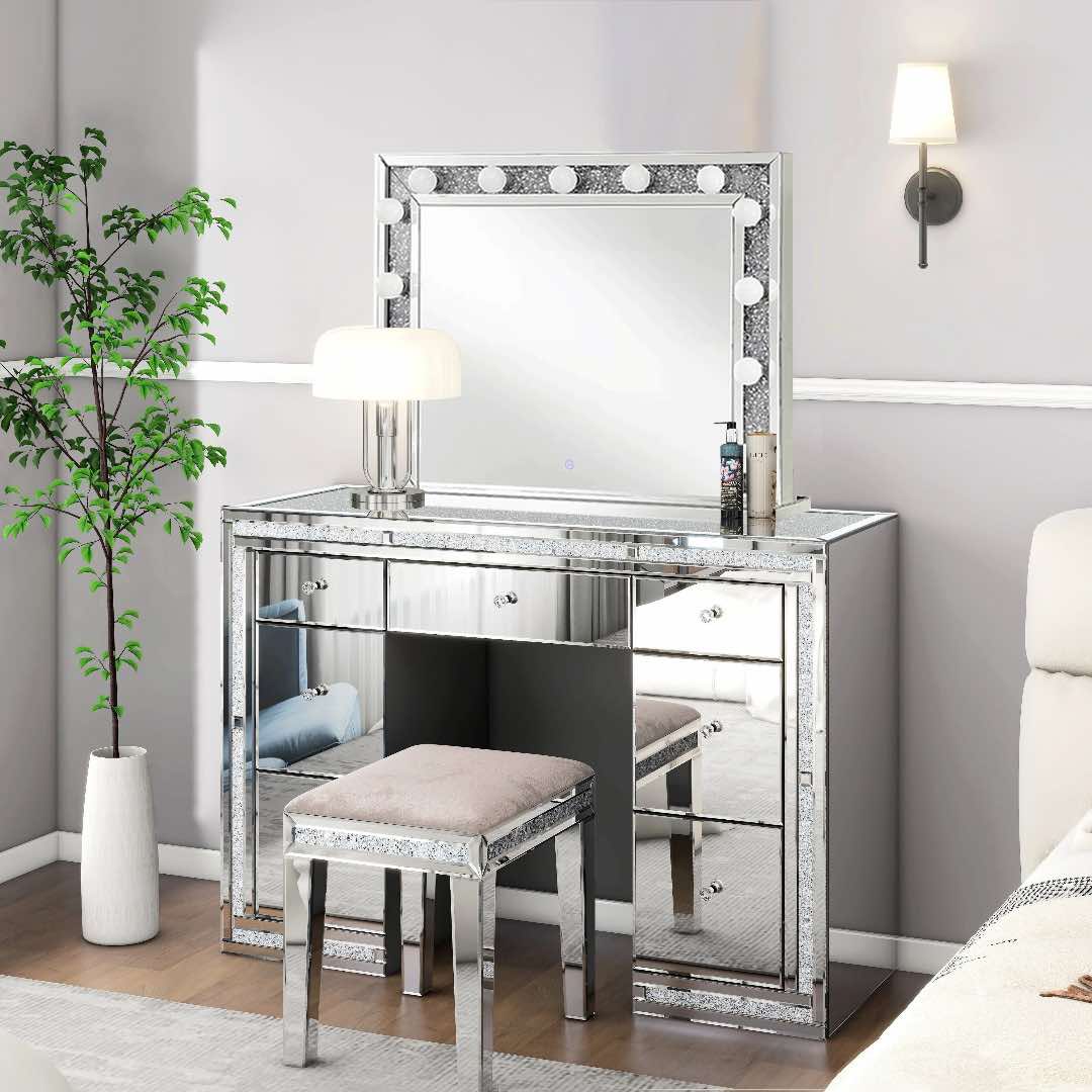 Diamond Crush Mirrored Dressing Table with Stools and Mirror and Led light Bulbs