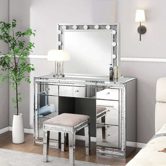Diamond Crush Mirrored Dressing Table with Stools and Mirror and Led light Bulbs
