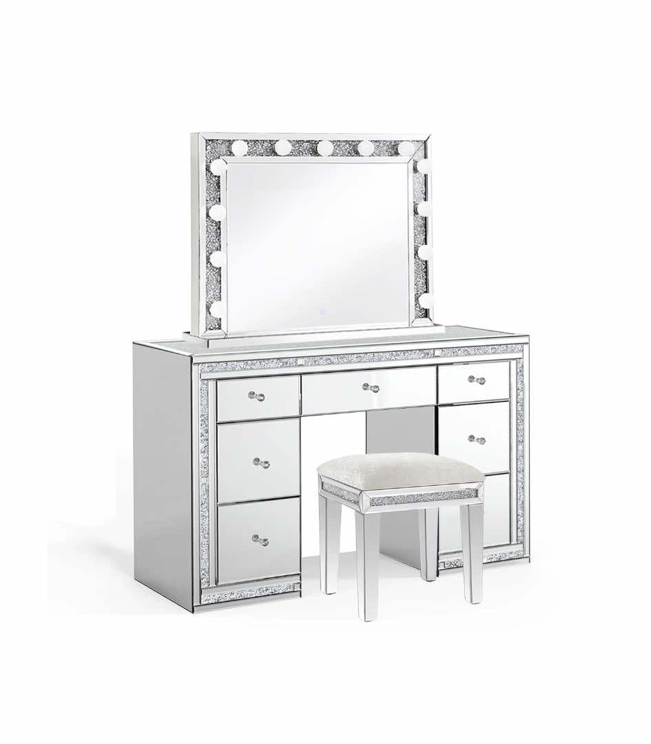 Diamond Crush Mirrored Dressing Table with Stools and Mirror and Led light Bulbs